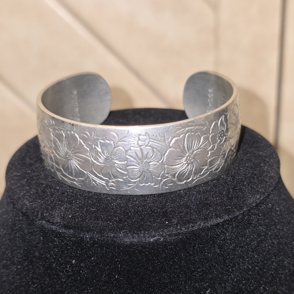 Floral Engraved Silver Cuff Bracelet- Kirk Pewter